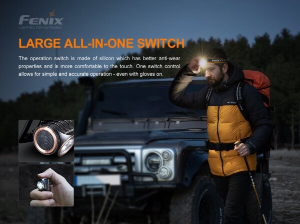 Fenix HM51RV30 - Lampada frontale a LED ricaricabile con dimmer, USB, batteria 950mAh, IP68, 860 lm, 125 h, arancione