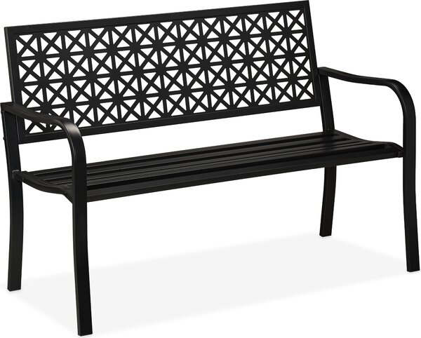 Panchina da giardino Relaxdays, a 2 posti, per terrazza o balcone, in acciaio, design geometrico, L x P x A: 85 x 127 x 62 cm, panca, nera