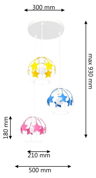 Lampadario a sospensione per bambini STARS 3xE27/15W/230V blu/rosa/giallo