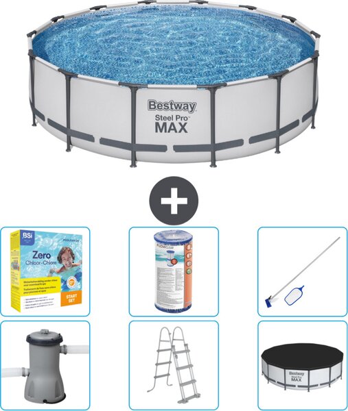 Piscina Bestway Round Steel Pro MAX - 427 x 107 cm - grigio - compresa pompa - scala - copertura pacchetto manutenzione - filtro - kit pulizia