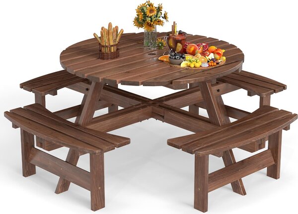 Set di tavolo e sedie da picnic in legno per 8 persone, tavolo rotondo da campeggio con foro per ombrellone, tavolo rotondo da esterno con 4 panche curve incorporate