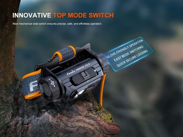 Fenix HM60RV20 - Lampada frontale a LED ricaricabile dimmerabile, ricarica USB, 4000 mAh, IP68, 1600 lm, autonomia fino a 292 h, arancione