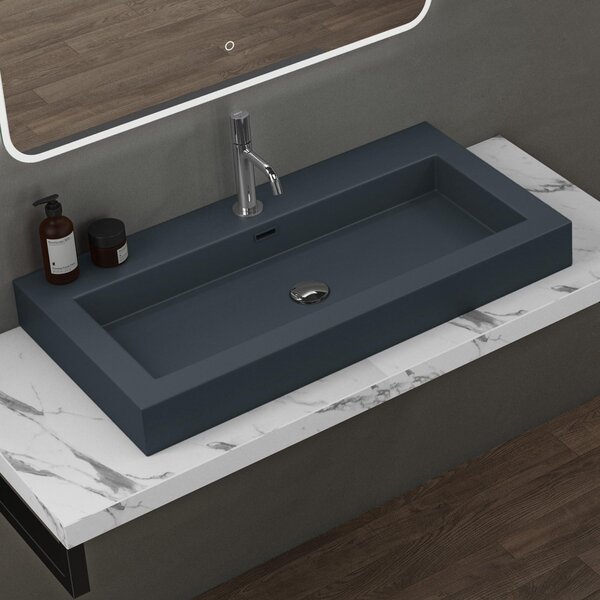 Doporro Lavabo da Appoggio Rettangolare, Lavabo Bagno Sospeso con Foro Rubinetto e Troppopieno in Marmo Resina Antracite Opaco, Lavandino Bagno 90x48x10cm Colossum18