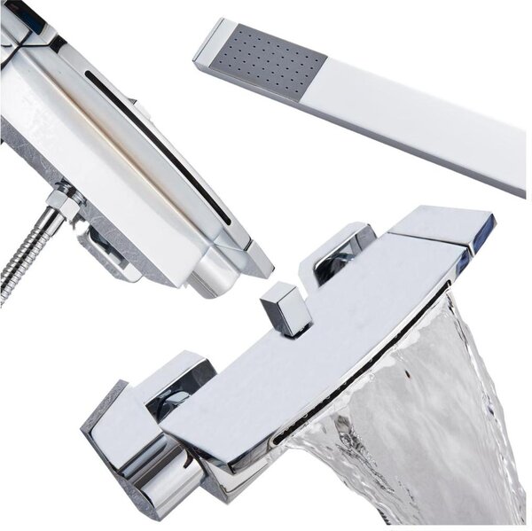 Rubinetto lavabo bagno Ari a parete, miscelatore monocomando in ottone, cartuccia Vetroceramica, beccuccio a cascata, cromo