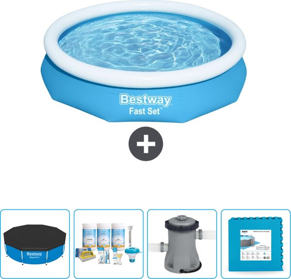 Bestway piscina gonfiabile rotonda ad ambientazione rapida - 305 x 66 cm - blu - include copertura - pacchetto manutenzione - pompa - piastrelle per il pavimento