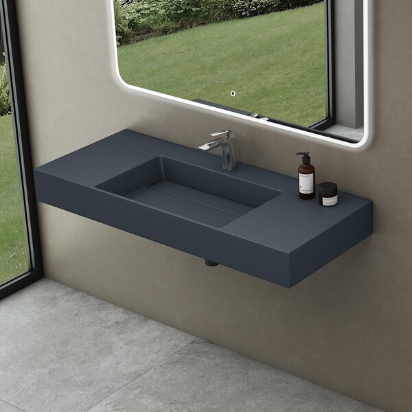 Doporro Lavabo Bagno Sospeso Lavabo da Appoggio Rettangolare in Marmo Resina Antracite Opaco, Vasca Centrale 120x48x13 cm con 1 Foro Rubinetto e Piletta Scarico, Colossum12