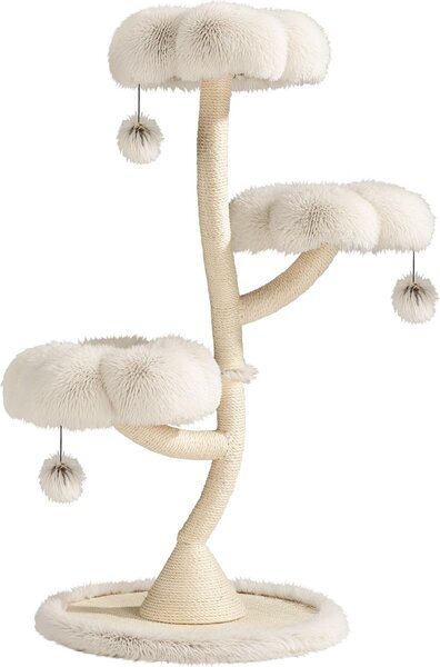 Tiragraffi di design Fudajo con 3 mangiatoie, tiragraffi per gatti Ø 59 cm e 125 cm di altezza, albero per gatti fino a 15 kg con sisal e peluche, mobili per gatti a 3 livelli