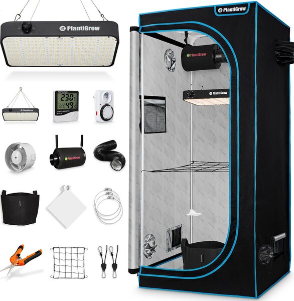 Set completo Growbox - Serra per interni con LED 150W a spettro completo dimmerabile, filtro al carbonio, ventilatore, tenda di coltivazione, tenda di coltivazione - 100x100x200