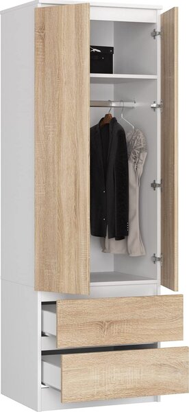 BDW, armadio 2 ante 2 cassetti, 180x60x51 cm, bianco / rovere Sonoma