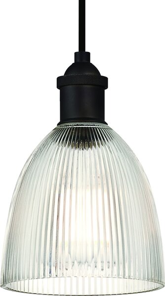 Lampada a sospensione vintage in bronzo oliato e vetro trasparente scanalato con 1 sorgente luminosa