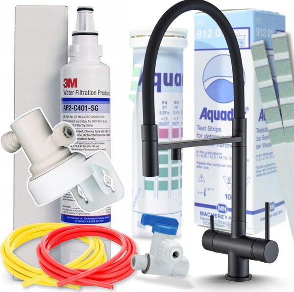 Rubinetto da cucina a 3 vie Ari HighFlex, doccetta estraibile e beccuccio girevole 360 gradi, nero opaco, per filtro acqua