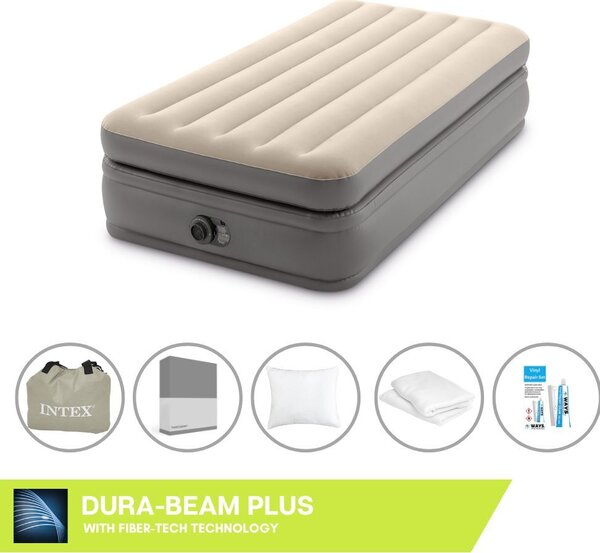 Letto ad aria Intex - 1 persona - 99 x 191 x 51 cm - Grigio - Con pompa incorporata, lenzuola antracite, cuscino, federe Molton 2 in 1 e set di riparazione