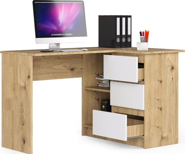 BDW, scrivania angolare destra, 3 cassetti, 4 ripiani, rovere artisan / bianco destra