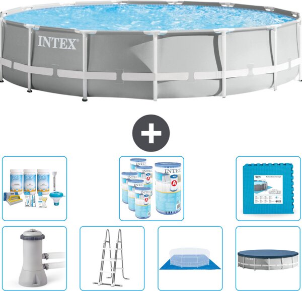 Piscina Intex Round Prism Frame - 457 x 107 cm - Grigio - inclusa pompa - scaletta - telo di fondo - pacchetto di manutenzione della copertura - filtro - piastrelle per il pavimento