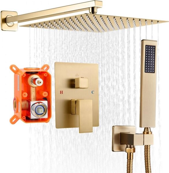 Rubinetto per doccia in oro spazzolato con soffione a pioggia quadrato da 254 mm