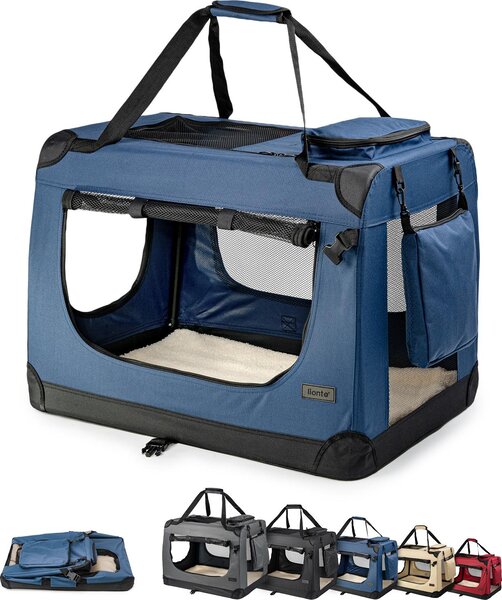 Scatola da trasporto per gatti in tessuto lionto, pieghevole e ventilata, con accesso a cerniera e morbido cuscino interno, 60x42x44 cm, blu scuro