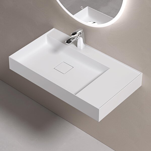 Doporro Lavabo Bagno Sospeso 80 cm Rettangolare in Resina Bianco Opaco con Vasca Integrata a Sinistra e Piletta Inclusa Colossum630