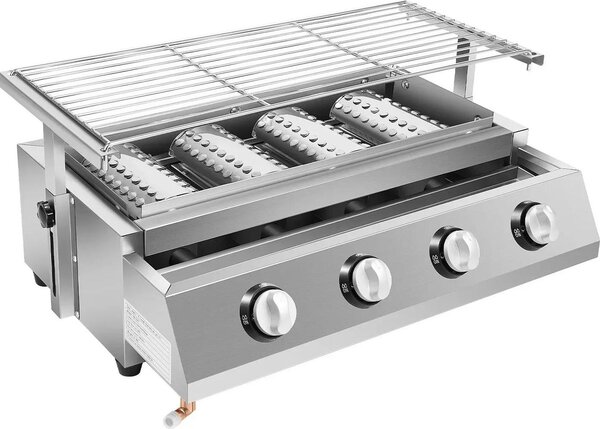 Barbecue portatile - Barbecue a gas - Acciaio inossidabile - Quattro bruciatori con regolatori separati - Accensione elettrica - Griglia regolabile in altezza 0-7 cm - Gas liquido (GPL) 2800 Pa - Argento