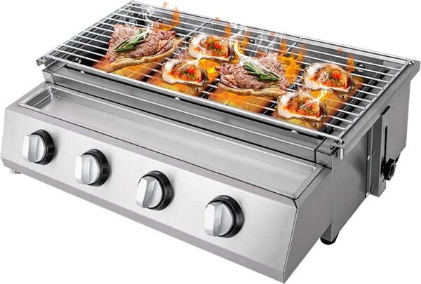Barbecue a gas portatile - Barbecue da tavolo con 4 bruciatori - Acciaio inossidabile - Regolabile in altezza - Senza fumo - Grigio chiaro
