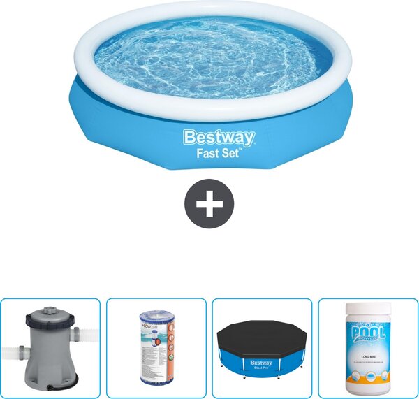 Bestway piscina gonfiabile rotonda ad ambientazione rapida - 305 x 66 cm - blu - inclusa pompa - filtro - copertura - cloro