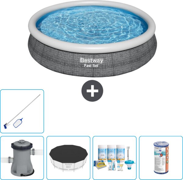 Piscina gonfiabile rotonda Bestway a presa rapida - stampa rattan - 366 x 76 cm - inclusa copertura della pompa - pacchetto di manutenzione - filtro - kit di pulizia