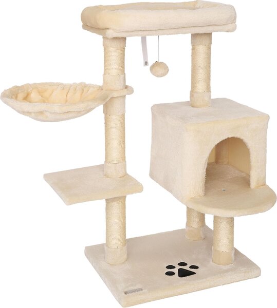 Tiragraffi lionto 93 cm con grotta, abbeveratoio, palla da gioco e paletti in sisal, albero per gatti compatto, beige