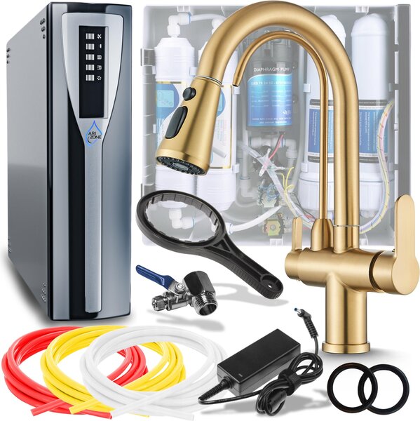 Rubinetto da cucina a 3 vie Ari Nordic con doccetta estraibile, beccuccio girevole 360 gradi, collegamento filtro acqua, oro spazzolato