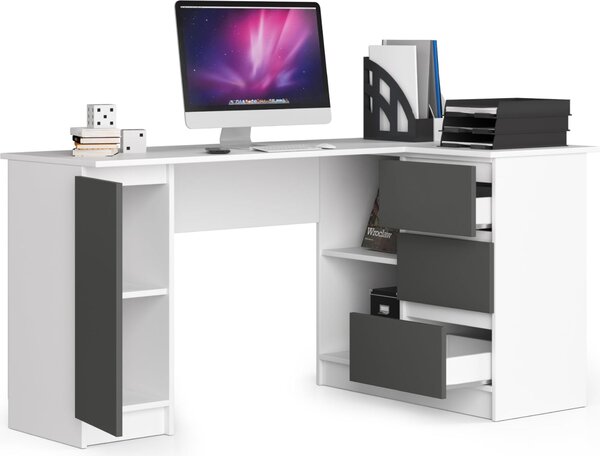 BDW, scrivania angolare destra, 3 cassetti, 4 ripiani, bianco/grigio