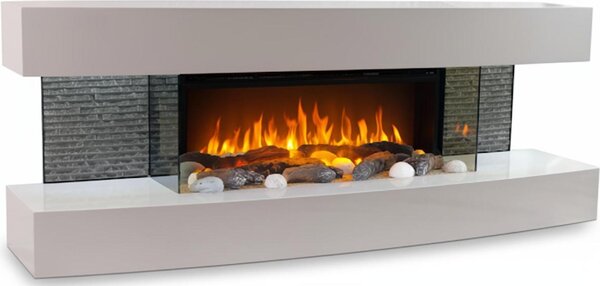 CHEMIN'ARTE - Caminetto elettrico da parete Lounge Bianco 120 cm con effetto fiamme LED, riscaldamento programmabile, telecomando