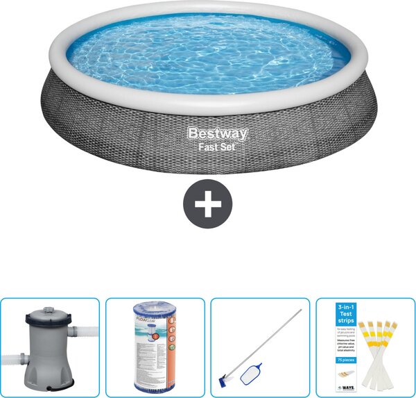 Bestway piscina gonfiabile rotonda ad ambientazione rapida - stampa rattan - 396 x 84 cm - compresa pompa - filtro - kit di pulizia - strisce reattive