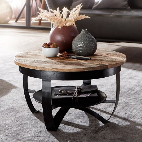 Tavolo 60x34x60 cm mango legno massiccio / metallo industriale nero rotondo | Wohnling