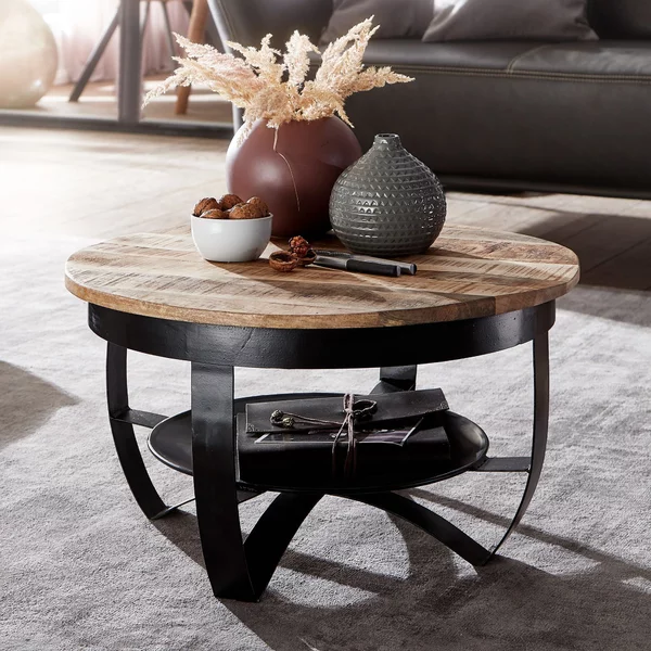 FineBuy tavolino 60x34x60 cm mango legno massiccio/metallo industriale nero tavolo rotondo divano tavolo soggiorno tavolo solido piccolo tavolo soggiorno