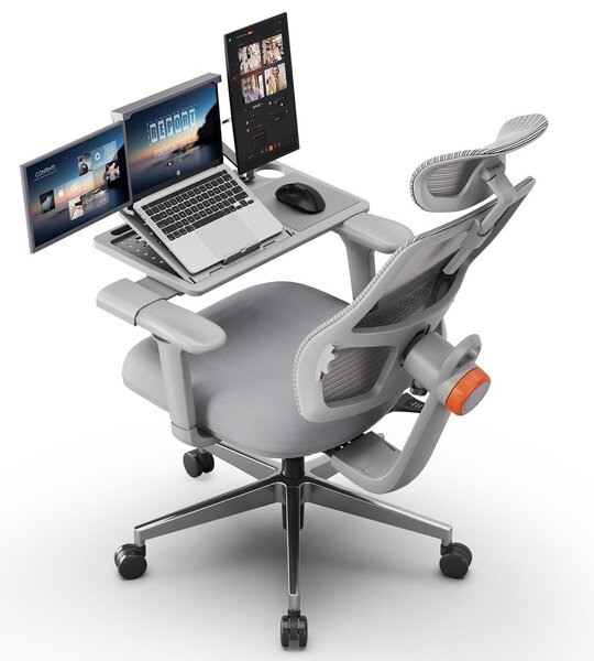 Newtral H003 Sedia da ufficio ergonomica con esclusivo supporto lombare adattivo, poggiatesta regolabile Grigio+Scrivania rimovibile