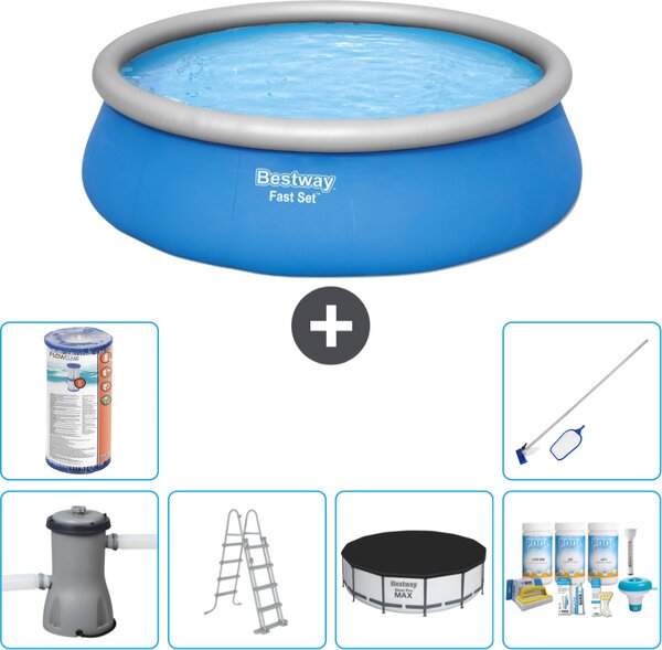 Piscina gonfiabile rotonda Bestway ad ambientazione rapida - 457 x 122 cm - blu - inclusa pompa - copertura a scaletta - pacchetto manutenzione - filtro - kit di pulizia