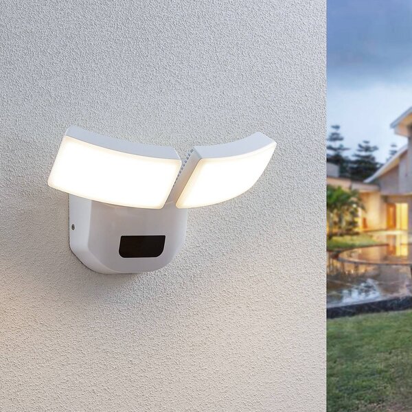 Lindby Applique da esterni LED Nikias, 30 cm, sensore, a 2 luci, bianco Nikias, Bianco / Opale, Alluminio, Moderno