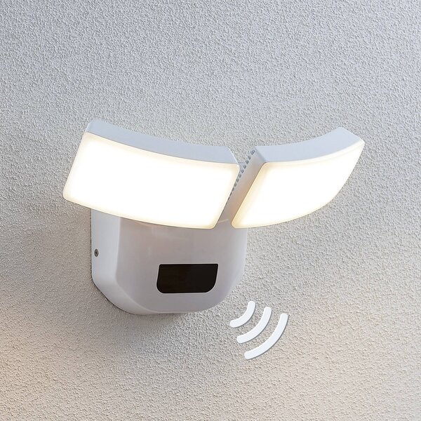 Lindby Applique da esterni LED Nikias, 30 cm, sensore, a 2 luci, bianco Nikias, Bianco / Opale, Alluminio, Moderno