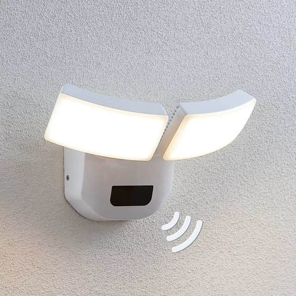 Lindby Applique da esterni LED Nikias, 30 cm, sensore, a 2 luci, bianco Nikias, Bianco / Opale, Alluminio, Moderno