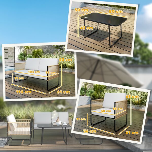 Outsunny Set da Giardino 4 Pezzi in Rattan e Acciaio con Divanetto, 2 Poltrone da Esterno e Tavolino Basso, Multicolore