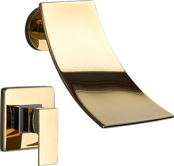 Rubinetto lavabo Ari a cascata, miscelatore bagno in ottone, cartuccia Vetroceramica, montaggio a incasso, oro lucido