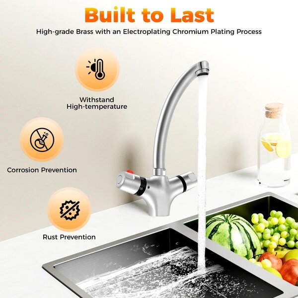 Rubinetto lavabo/miscelatore - Rubinetto termostatico - Blocco di sicurezza 38 °C - Caldo/freddo - Montaggio a foro singolo - Bocca girevole - Argento