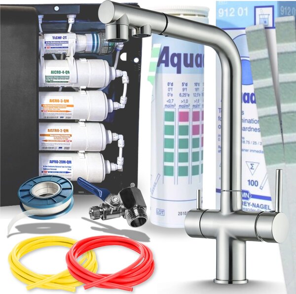 Rubinetto da cucina Ari Venom 2 a 3 vie con doccetta estraibile, collegamento filtro acqua, beccuccio girevole 360, inox