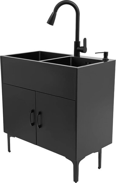 Mobile lavabo con doppio lavabo - Indipendente - Rubinetto estraibile - Tubi di scarico a V - Scolapiatti - Acciaio inox 201 e legno massello - Nero