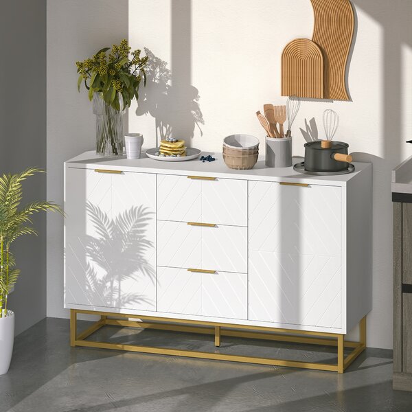 HOMCOM Credenza Moderna Bianca, Credenza Bassa Buffet per Cucina o Sala da Pranzo con 3 Cassetti e 2 Ante, 120x40x76cm|Aosom