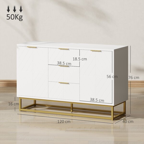 HOMCOM Credenza Moderna Bianca, Credenza Bassa Buffet per Cucina o Sala da Pranzo con 3 Cassetti e 2 Ante, 120x40x76cm|Aosom