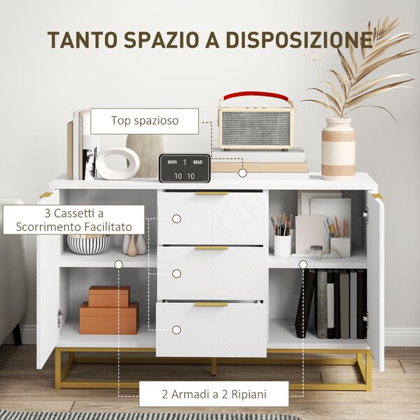 HOMCOM Credenza Moderna Bianca, Credenza Bassa Buffet per Cucina o Sala da Pranzo con 3 Cassetti e 2 Ante, 120x40x76cm|Aosom
