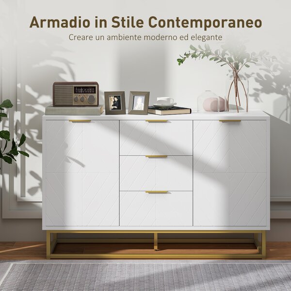 HOMCOM Credenza Moderna Bianca, Credenza Bassa Buffet per Cucina o Sala da Pranzo con 3 Cassetti e 2 Ante, 120x40x76cm|Aosom