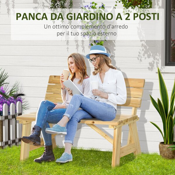 Outsunny Panchina da Giardino in Legno 2 Posti a Doghe con Schienale Alto, 116x56x80cm, Colore Naturale|Aosom