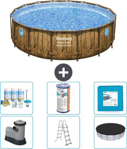 Piscina Bestway Round Power Steel Swim Vista - stampa su legno - 488 x 122 - compresa pompa - scaletta - copertura pacchetto manutenzione - filtro - pavimento in piastrelle
