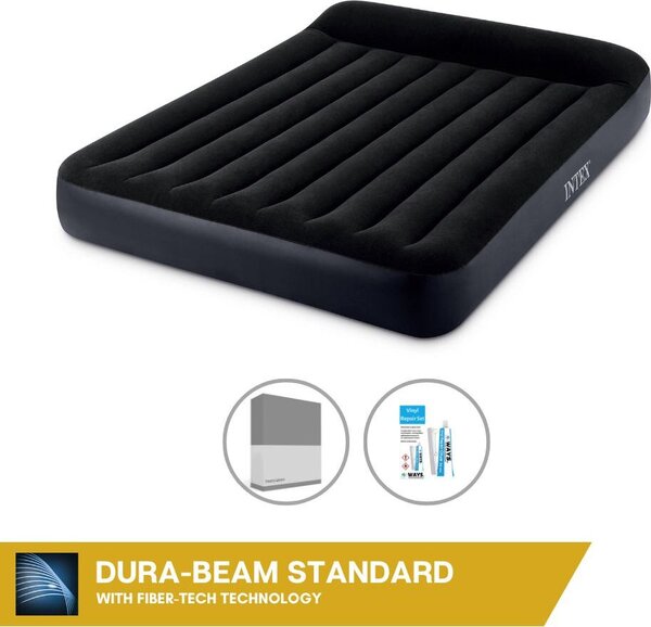 Letto ad aria Intex - 2 persone - 152 x 203 x 25 cm - Nero - Con pompa incorporata + lenzuola antracite + set di riparazione