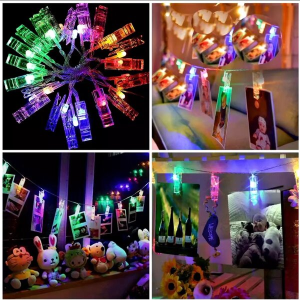 Catena decorata con mollette portafoto luminose a Led RGB 2 metri a batteria e autospegnimento Wisdom